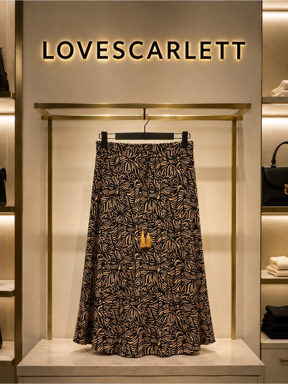 Scarlett Black & Tan Printed Tassel A-Line Midi Skirt